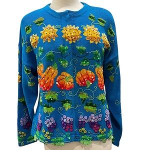 Jane’s Closet Harvest Fruit And Vegetables Embroidered Sequin Cardigan SZ XL